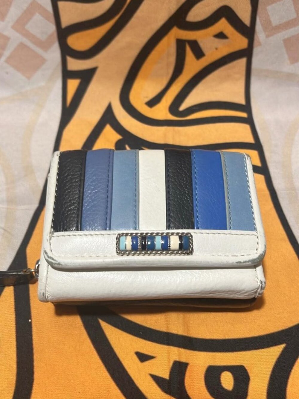 Brighton Multicolor Leather Wallet – Blue/White/Black Stripe – Silver Accent